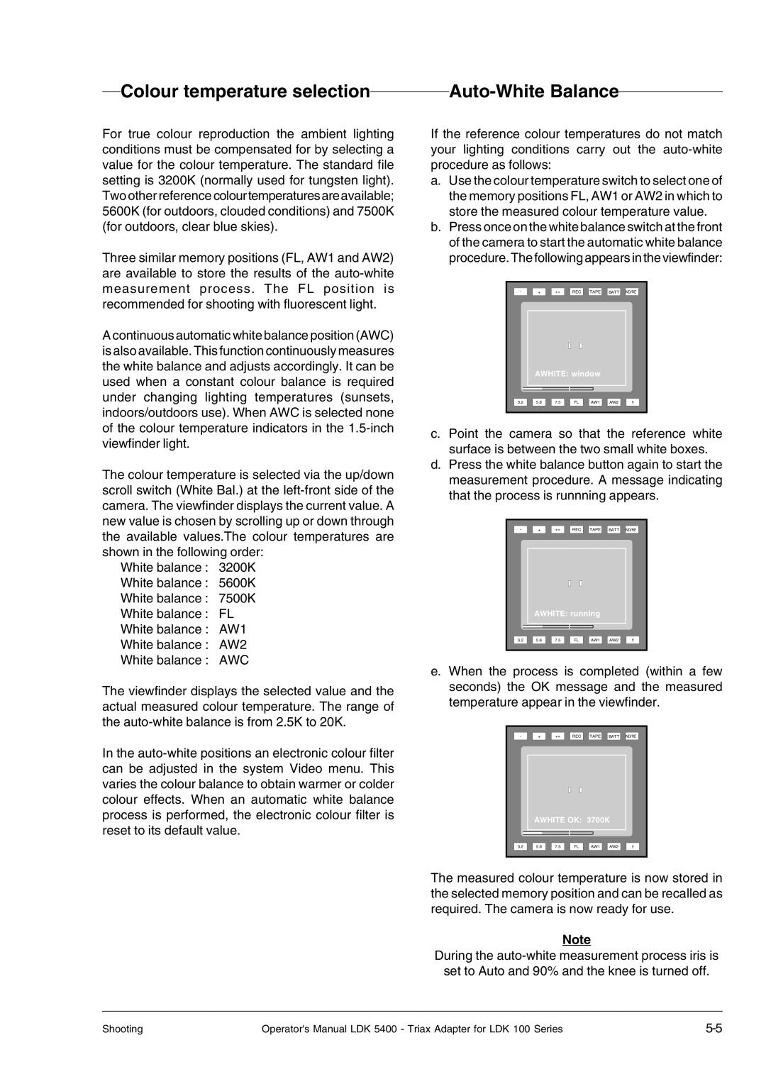 Technicolor - Thomson 5400LDK manual Colour temperature selection, Auto-White Balance 