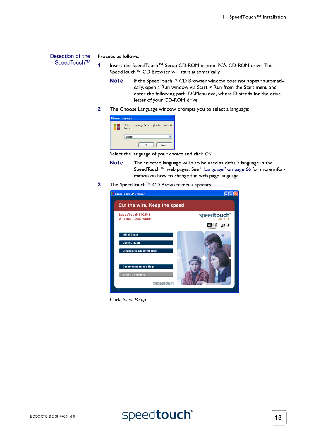 Technicolor - Thomson 545/570 manual Detection of the SpeedTouch, Click Initial Setup 