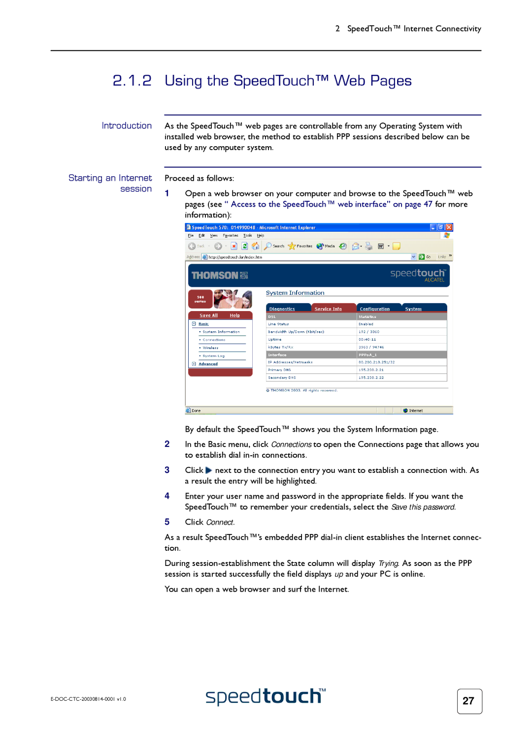 Technicolor - Thomson 545/570 manual Using the SpeedTouch Web Pages, Introduction Starting an Internet session 
