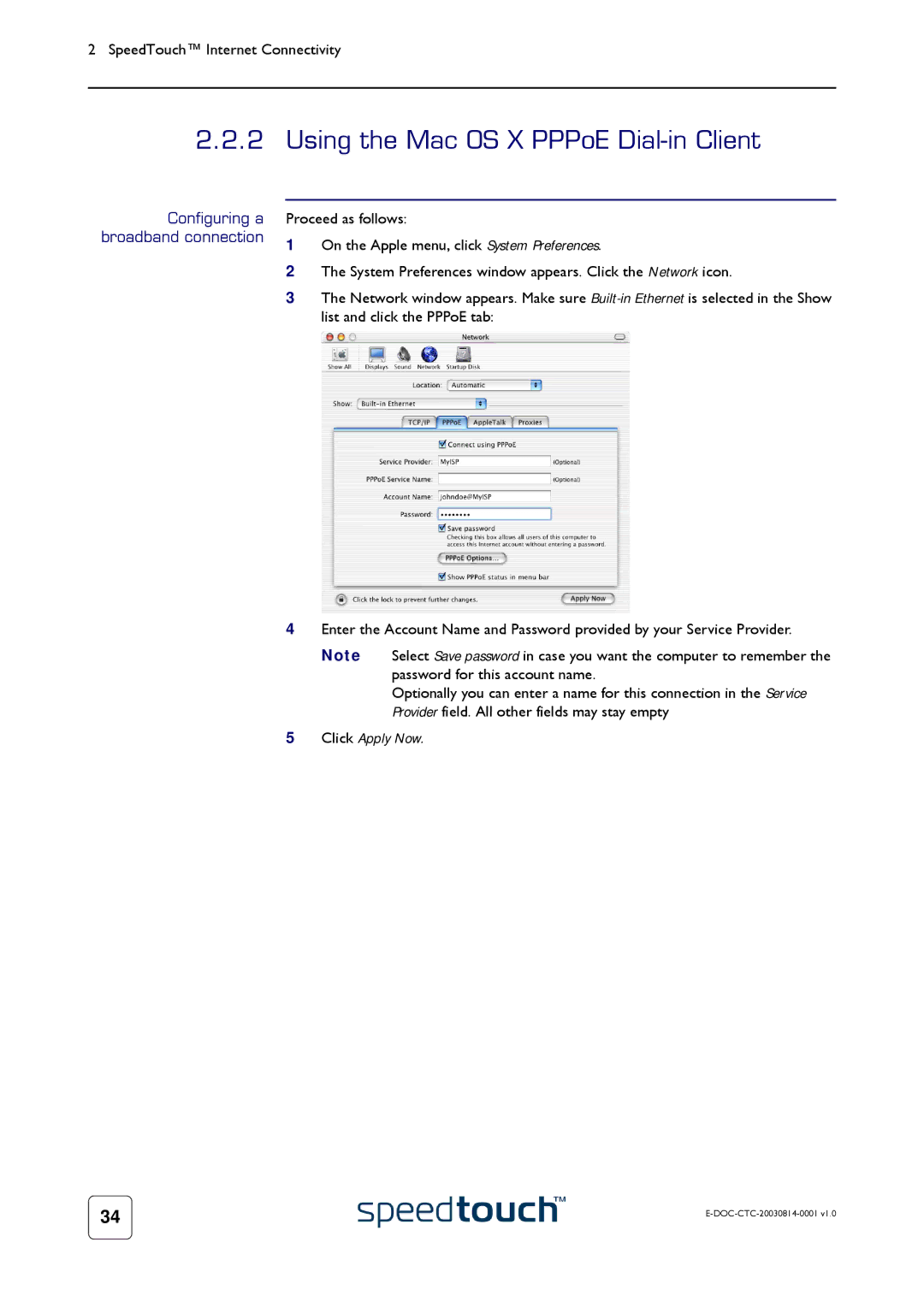 Technicolor - Thomson 545/570 manual Using the Mac OS X PPPoE Dial-in Client, Click Apply Now 