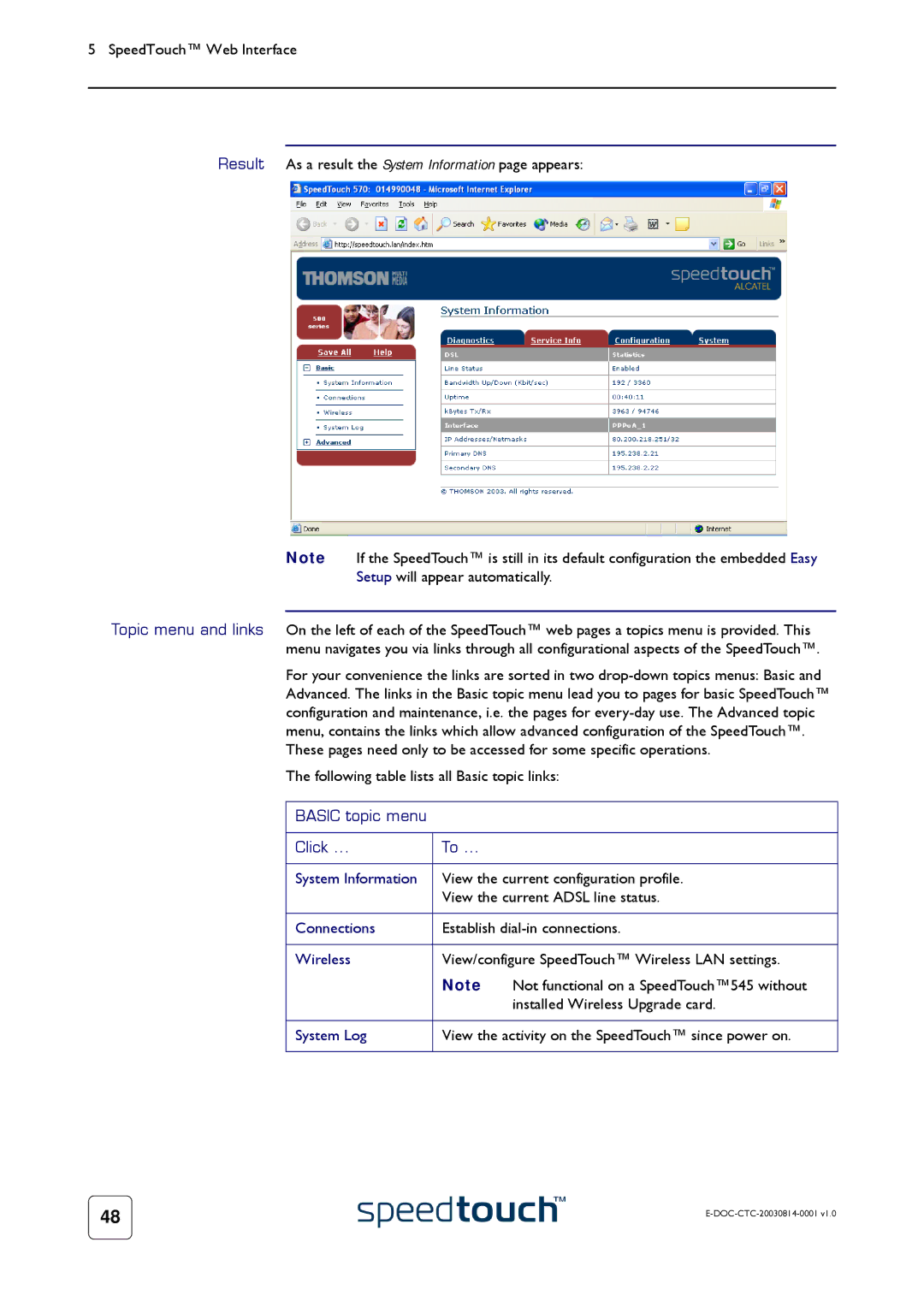 Technicolor - Thomson 545/570 manual Basic topic menu Click System Information, Connections, Wireless, System Log 