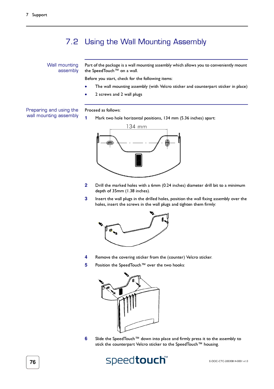 Technicolor - Thomson 545/570 manual Using the Wall Mounting Assembly, Preparing and using, Wall mounting assembly 