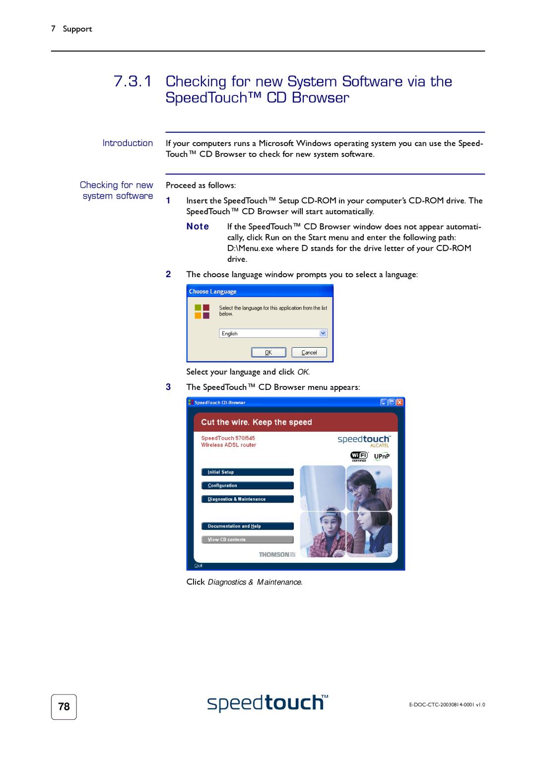 Technicolor - Thomson 545/570 manual Introduction Checking for new system software, Click Diagnostics & Maintenance 