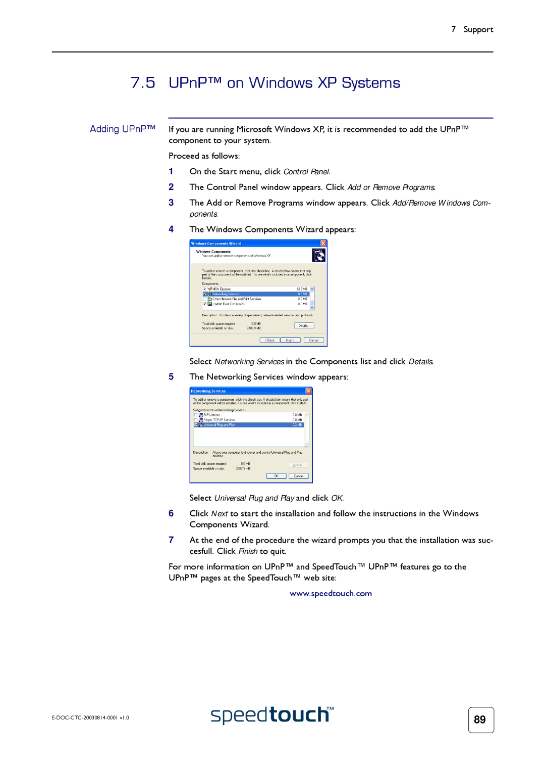 Technicolor - Thomson 545/570 manual UPnP on Windows XP Systems, Select Universal Plug and Play and click OK 