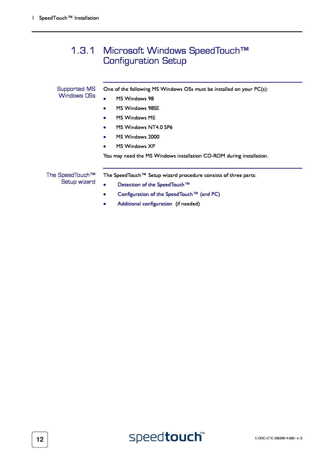 Technicolor - Thomson 545/570 manual Microsoft Windows SpeedTouch Configuration Setup, Supported MS Windows OSs 