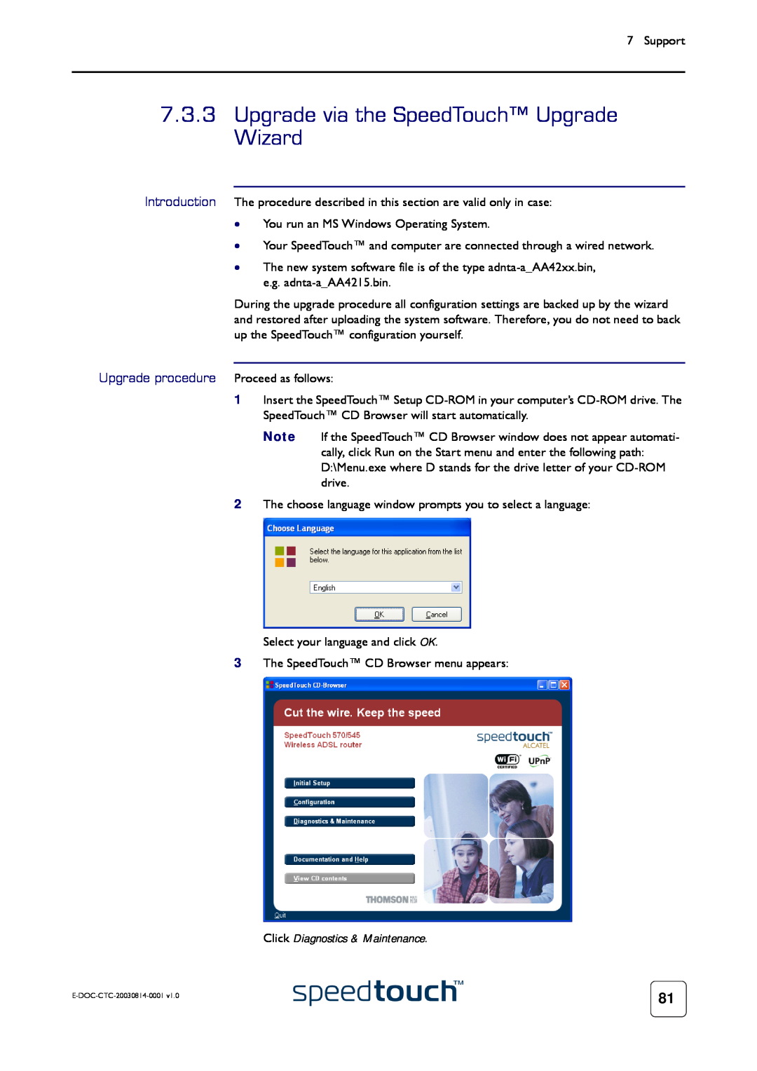 Technicolor - Thomson 545/570 manual Upgrade via the SpeedTouch Upgrade Wizard, Click Diagnostics & Maintenance 