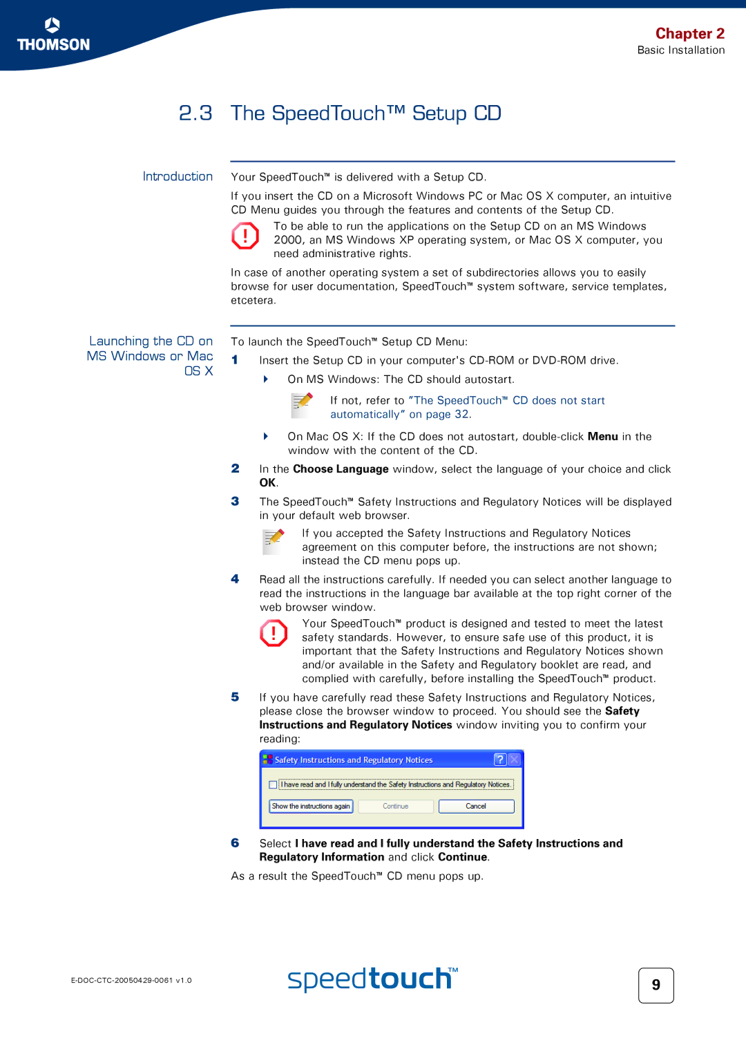 Technicolor - Thomson 580 setup guide SpeedTouch Setup CD, Introduction Launching the CD on MS Windows or Mac 