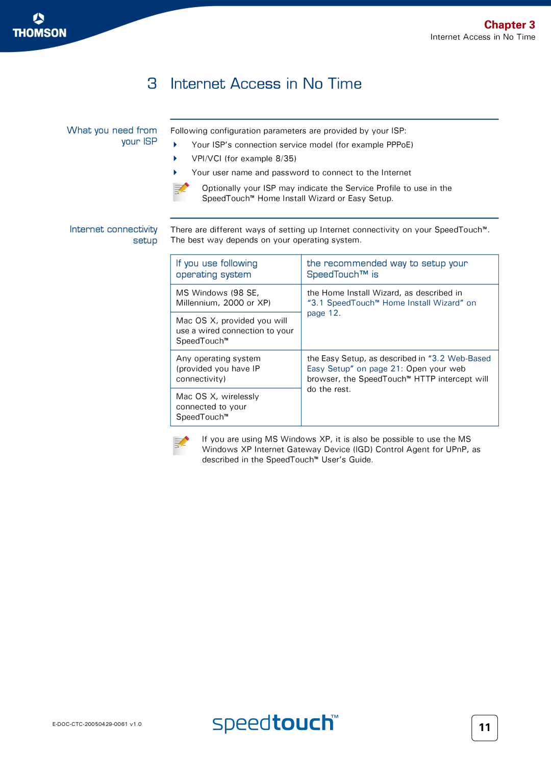 Technicolor - Thomson 580 setup guide Internet Access in No Time, What you need from, Your ISP, Internet connectivity setup 