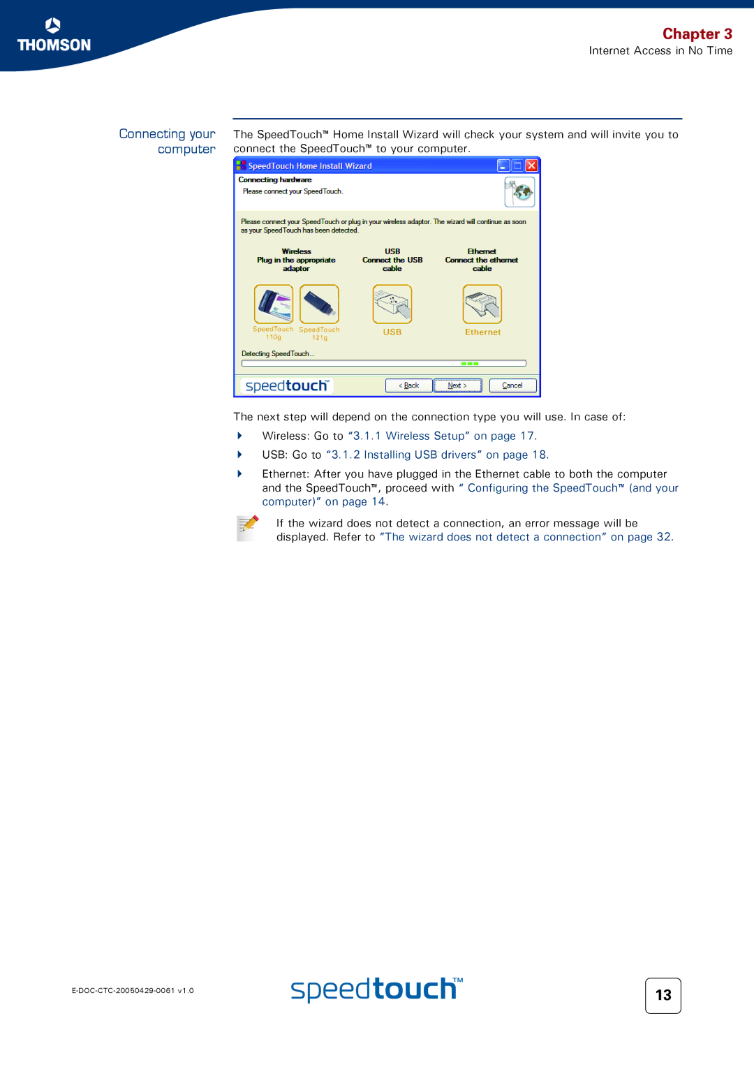 Technicolor - Thomson 580 setup guide Connecting your computer, USB Go to 3.1.2 Installing USB drivers on 