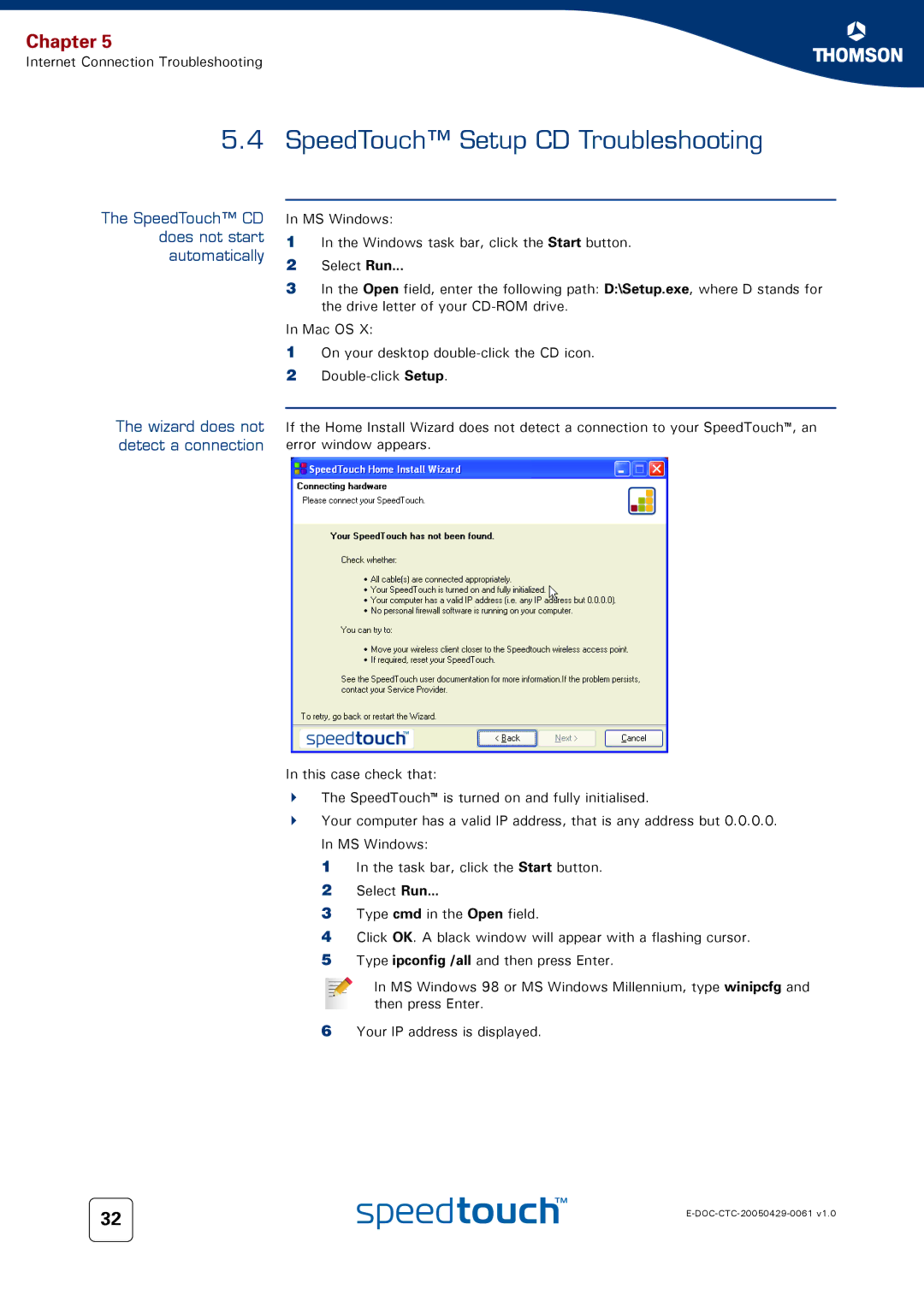 Technicolor - Thomson 580 setup guide SpeedTouch Setup CD Troubleshooting, SpeedTouch CD does not start automatically 