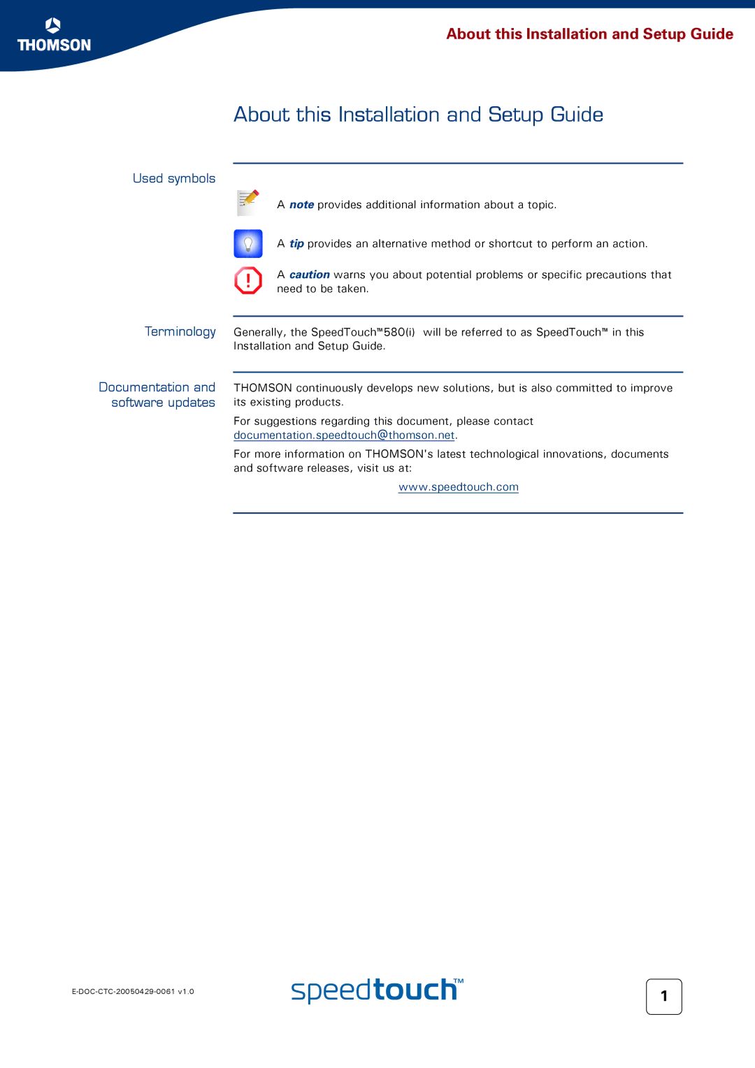 Technicolor - Thomson 580 setup guide About this Installation and Setup Guide, Used symbols 