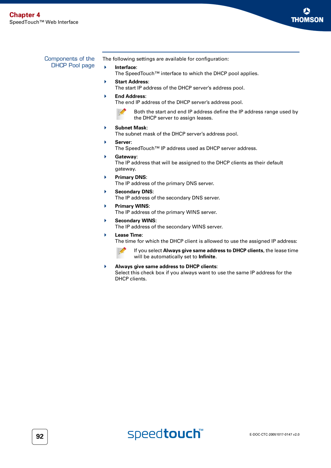 Technicolor - Thomson 585 manual Components Dhcp Pool 