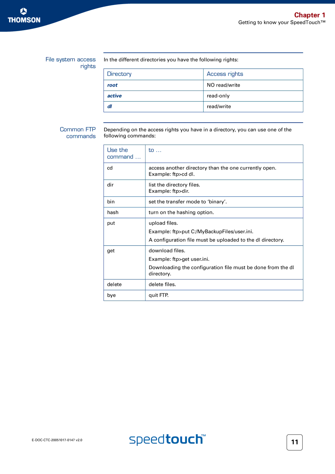 Technicolor - Thomson 585 manual Common FTP commands, Use Command 