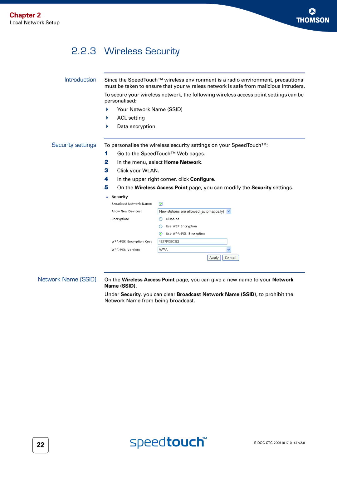 Technicolor - Thomson 585 manual Wireless Security, Name Ssid 