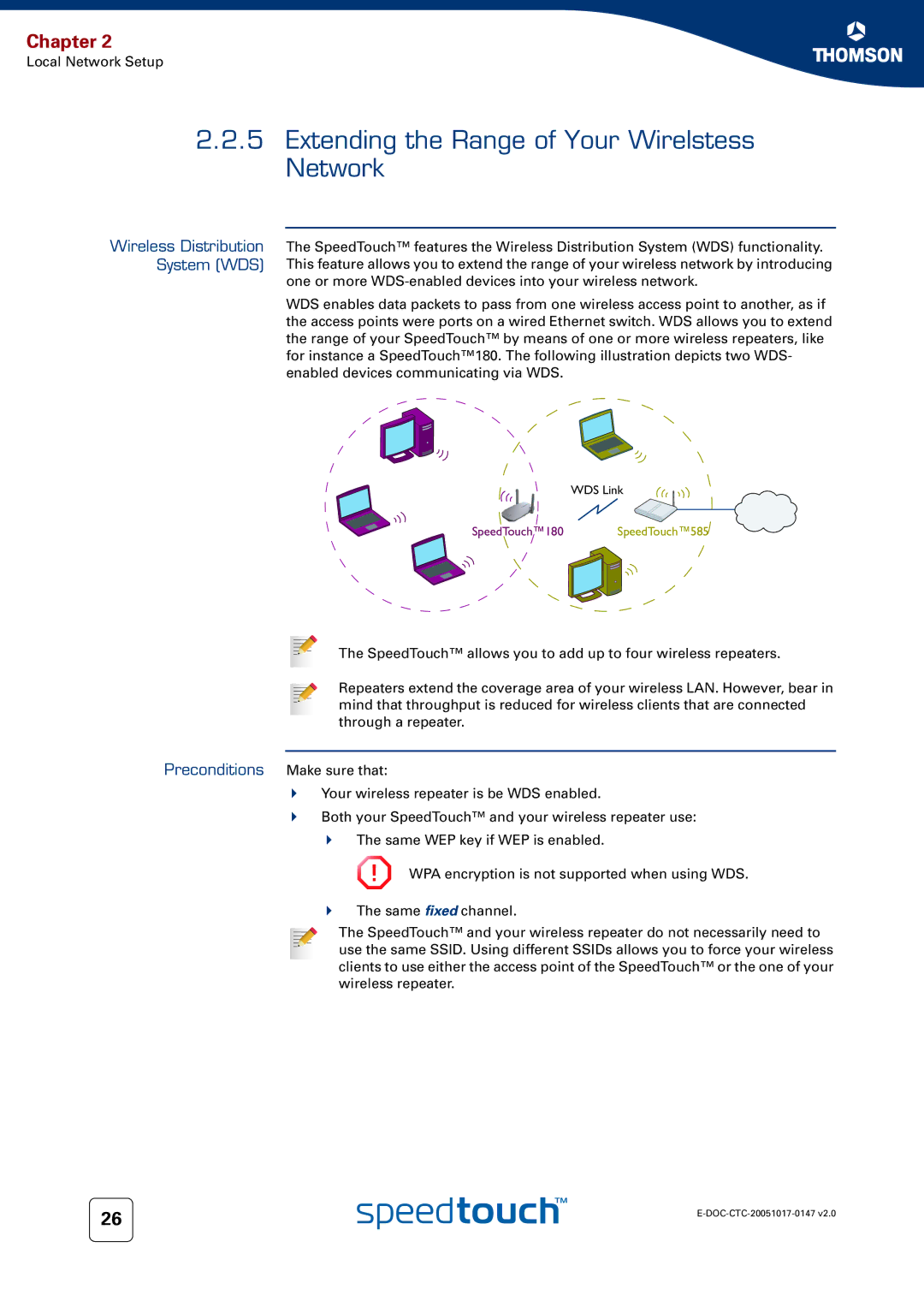 Technicolor - Thomson 585 manual Extending the Range of Your Wirelstess Network, Wireless Distribution System WDS 