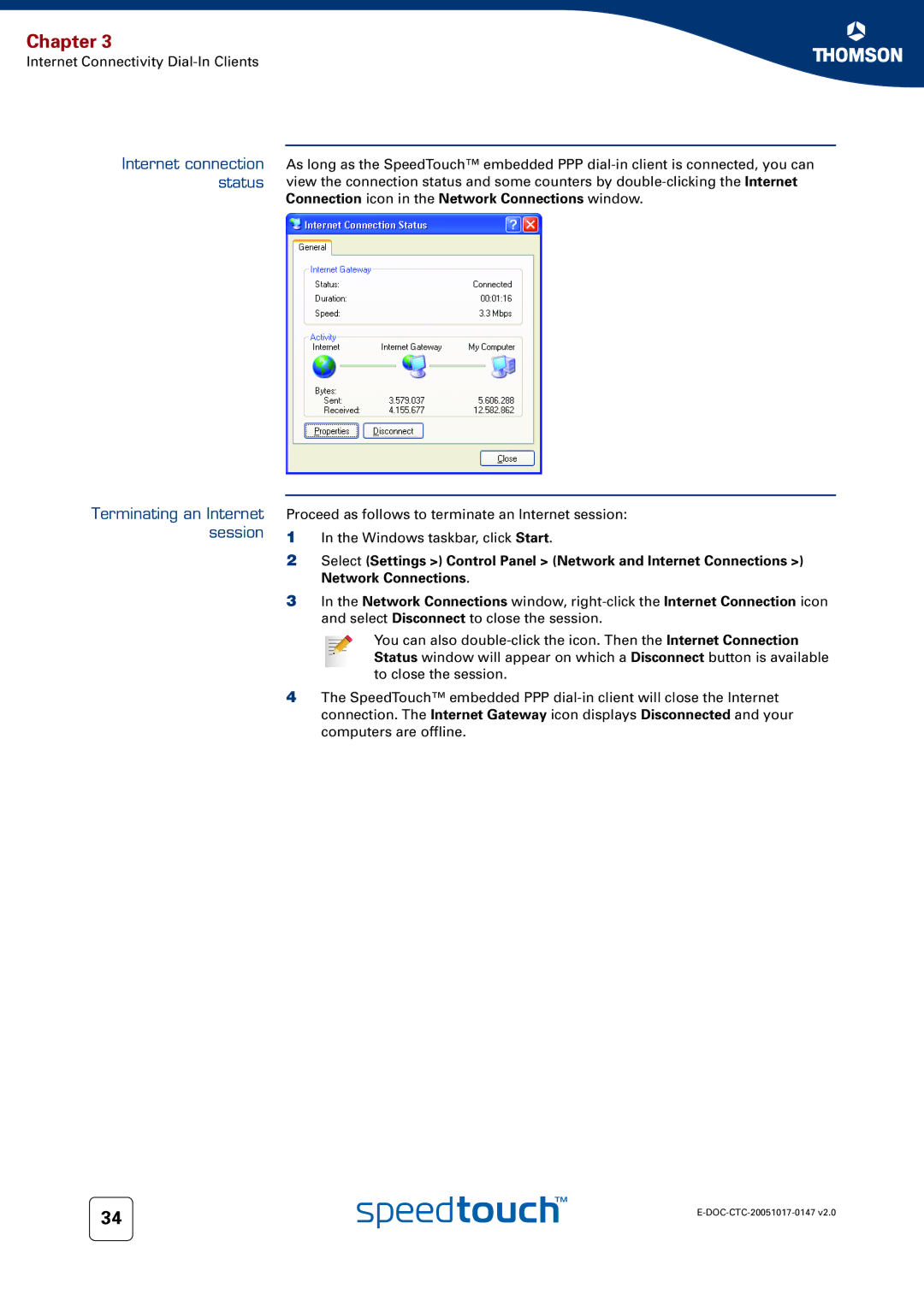 Technicolor - Thomson 585 manual Internet connection status Terminating an Internet session 