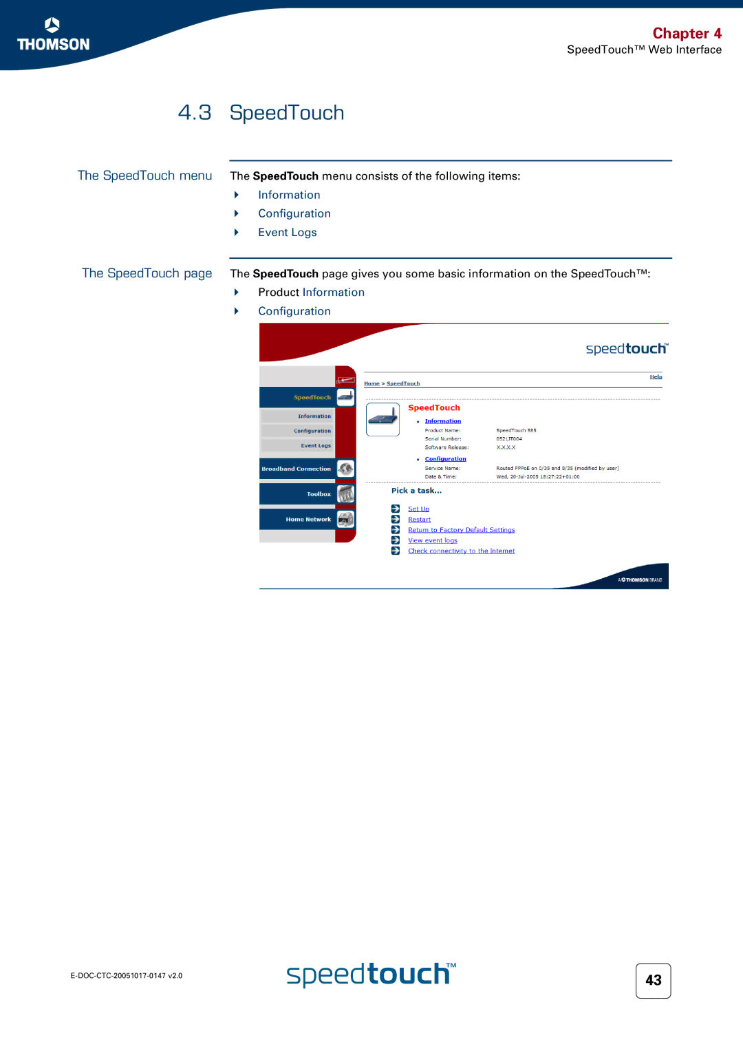 Technicolor - Thomson 585 manual SpeedTouch, Information Configuration Event Logs 