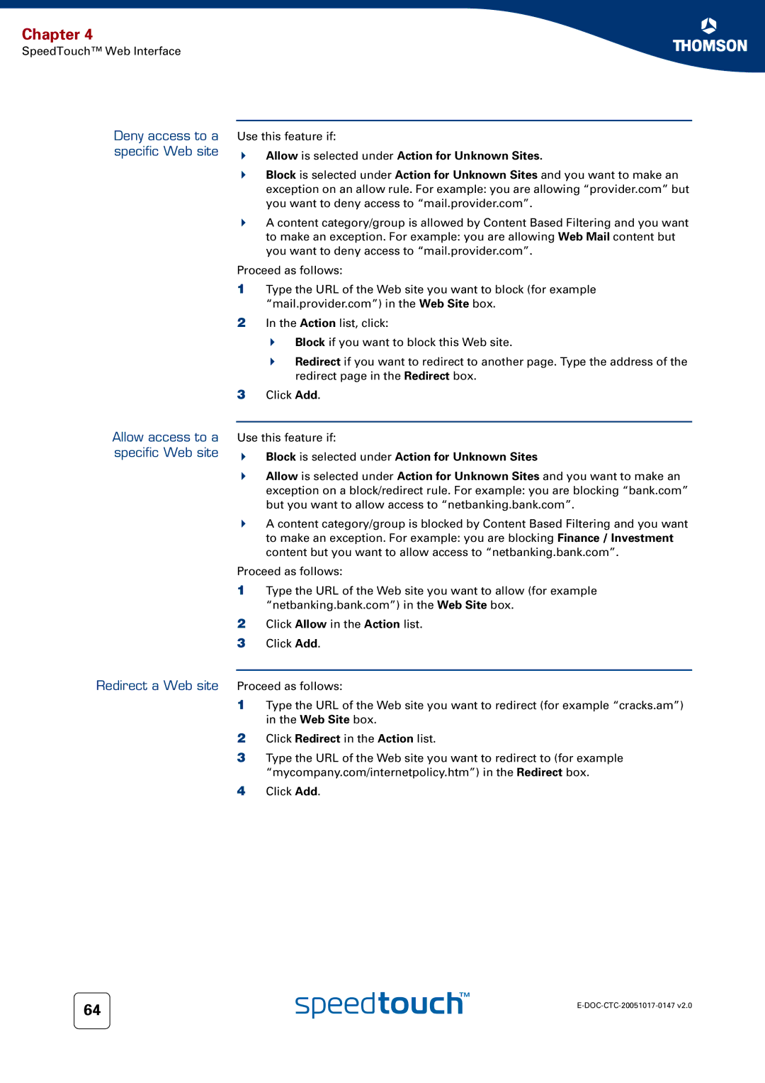 Technicolor - Thomson 585 manual Deny access to a specific Web site, Allow access to a specific Web site 