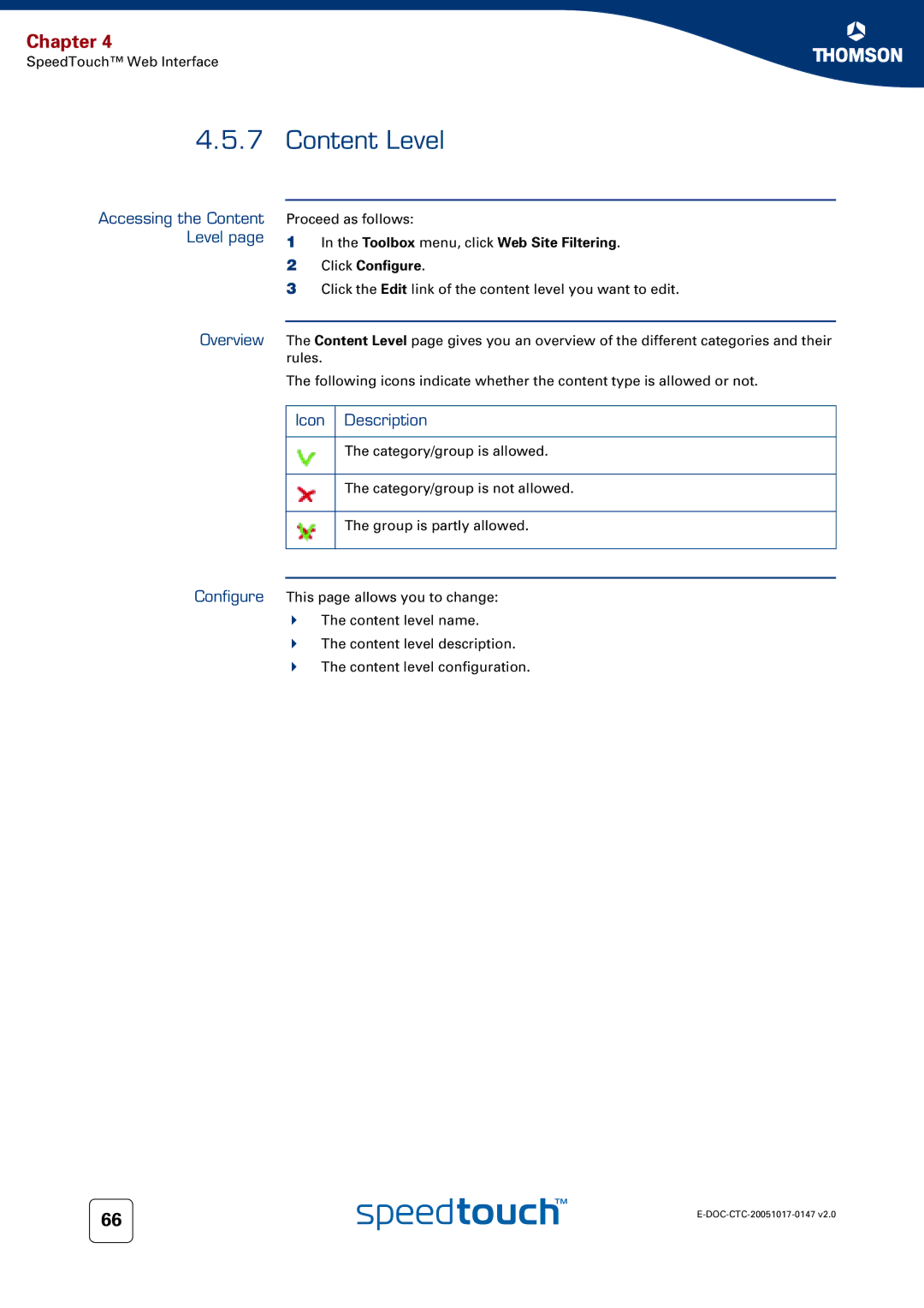 Technicolor - Thomson 585 manual Accessing the Content Level, Icon Description 