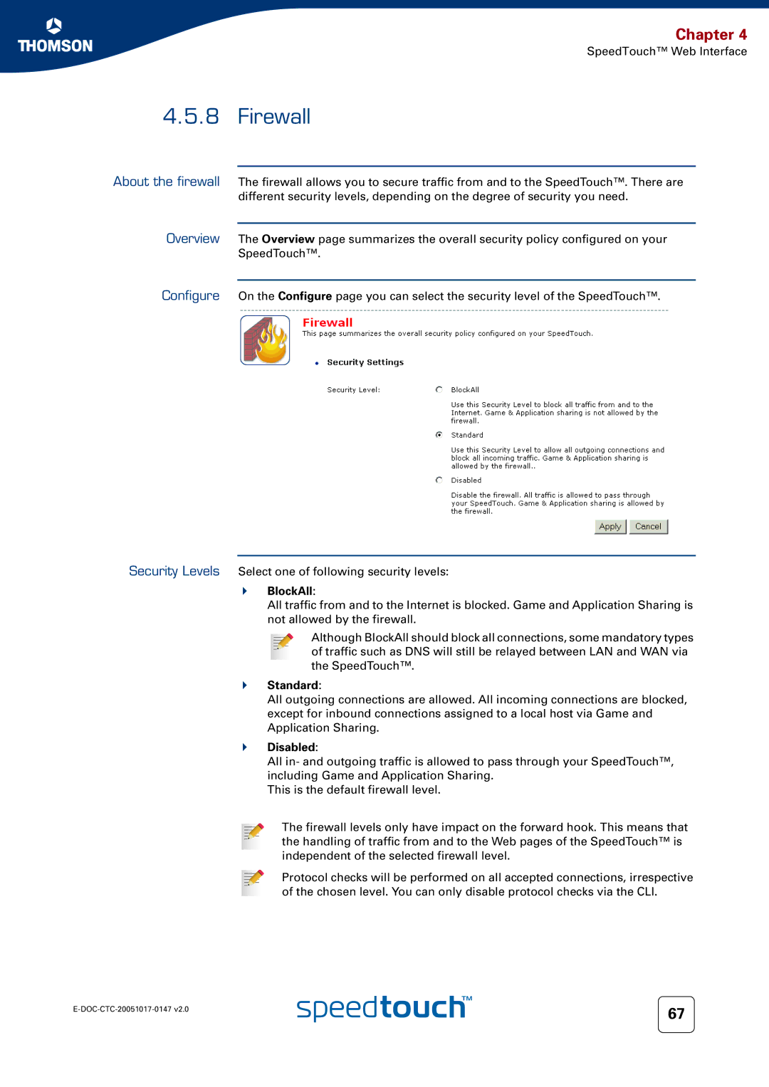 Technicolor - Thomson 585 manual Firewall, BlockAll, Standard, Disabled 