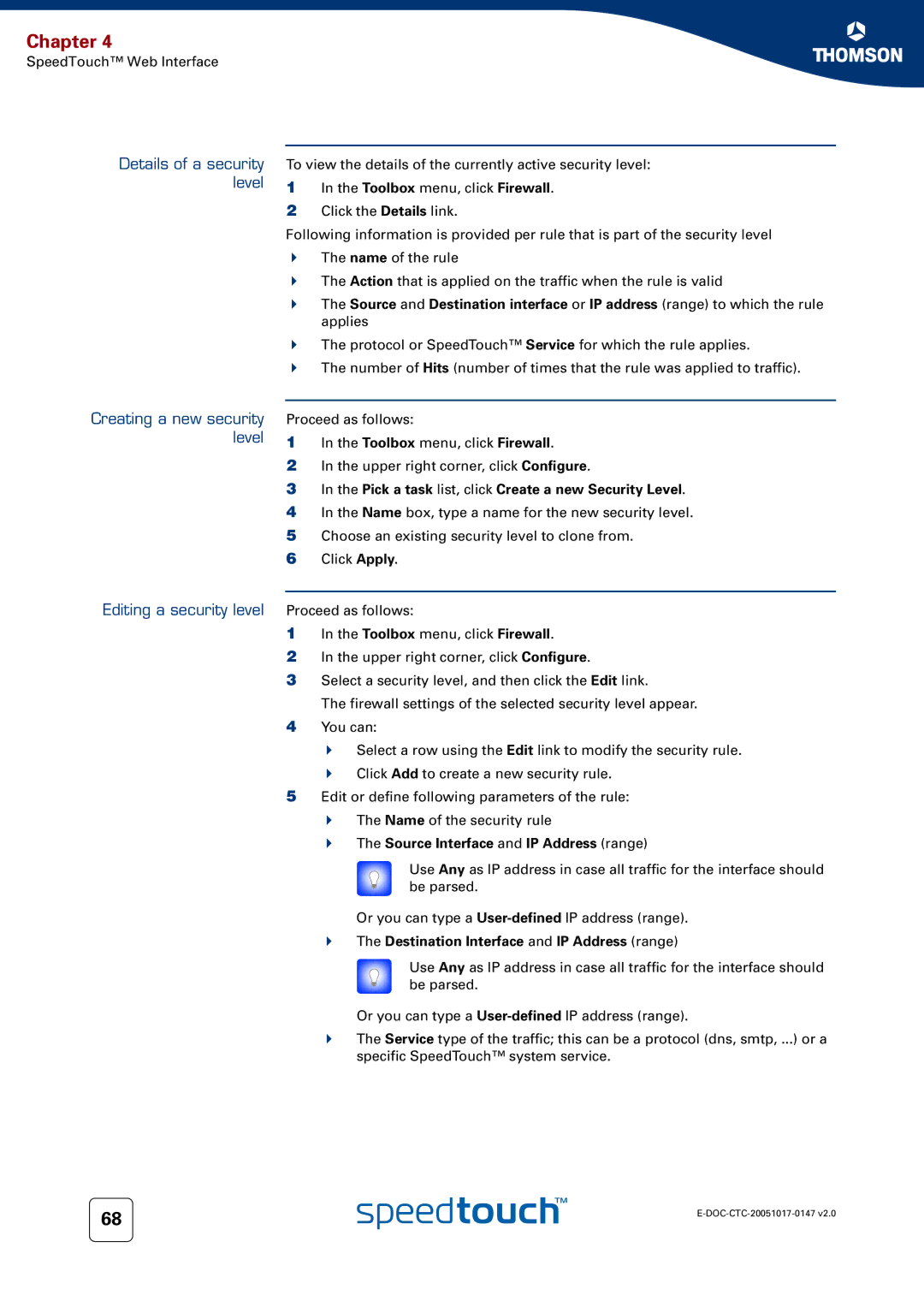 Technicolor - Thomson 585 manual Details of a security level, Creating a new security level 