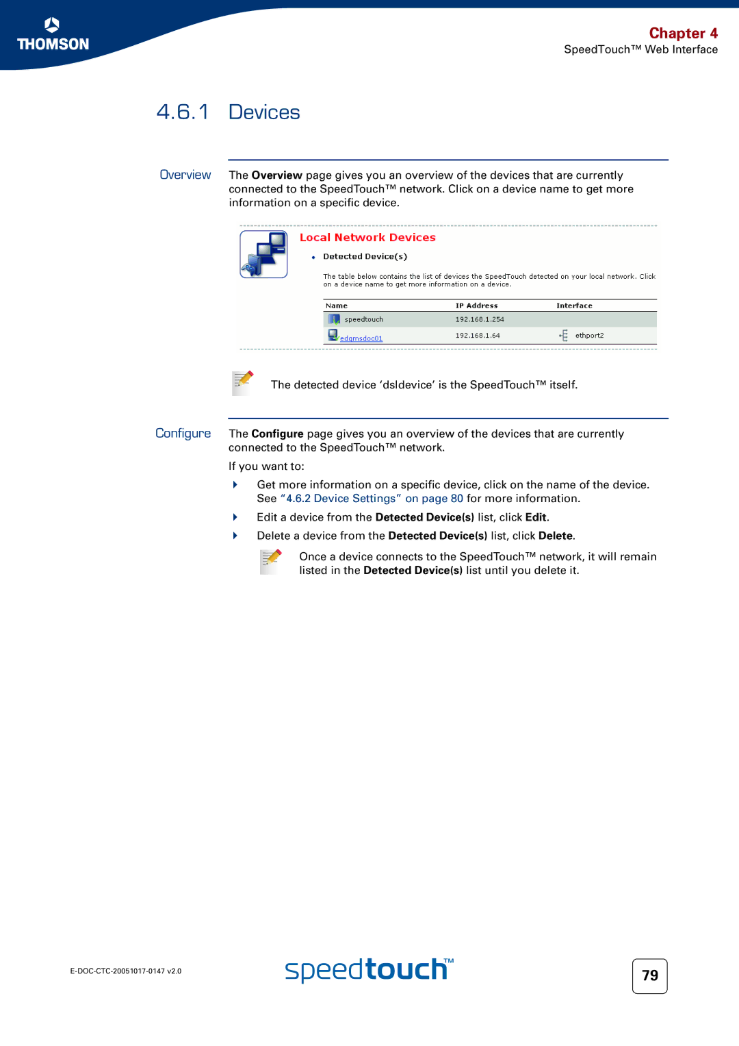 Technicolor - Thomson 585 manual Devices, See 4.6.2 Device Settings on page 80 for more information 