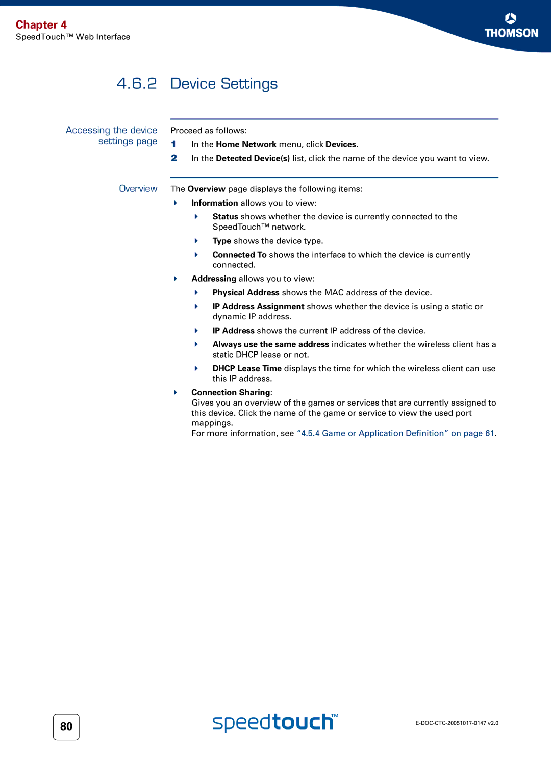 Technicolor - Thomson 585 manual Device Settings, Accessing the device settings Overview, Connection Sharing 