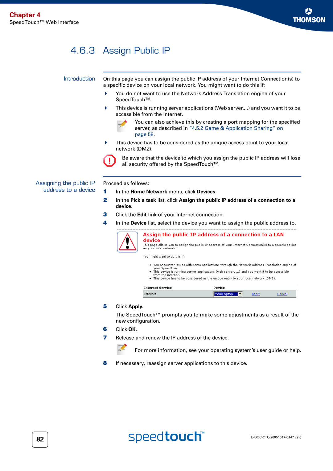 Technicolor - Thomson 585 manual Assign Public IP, Assigning the public IP address to a device 