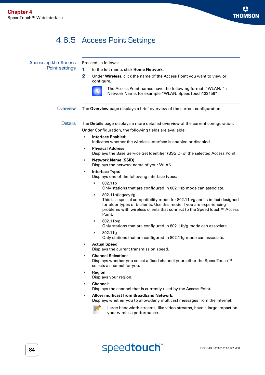 Technicolor - Thomson 585 manual Access Point Settings, Accessing the Access, Point settings 