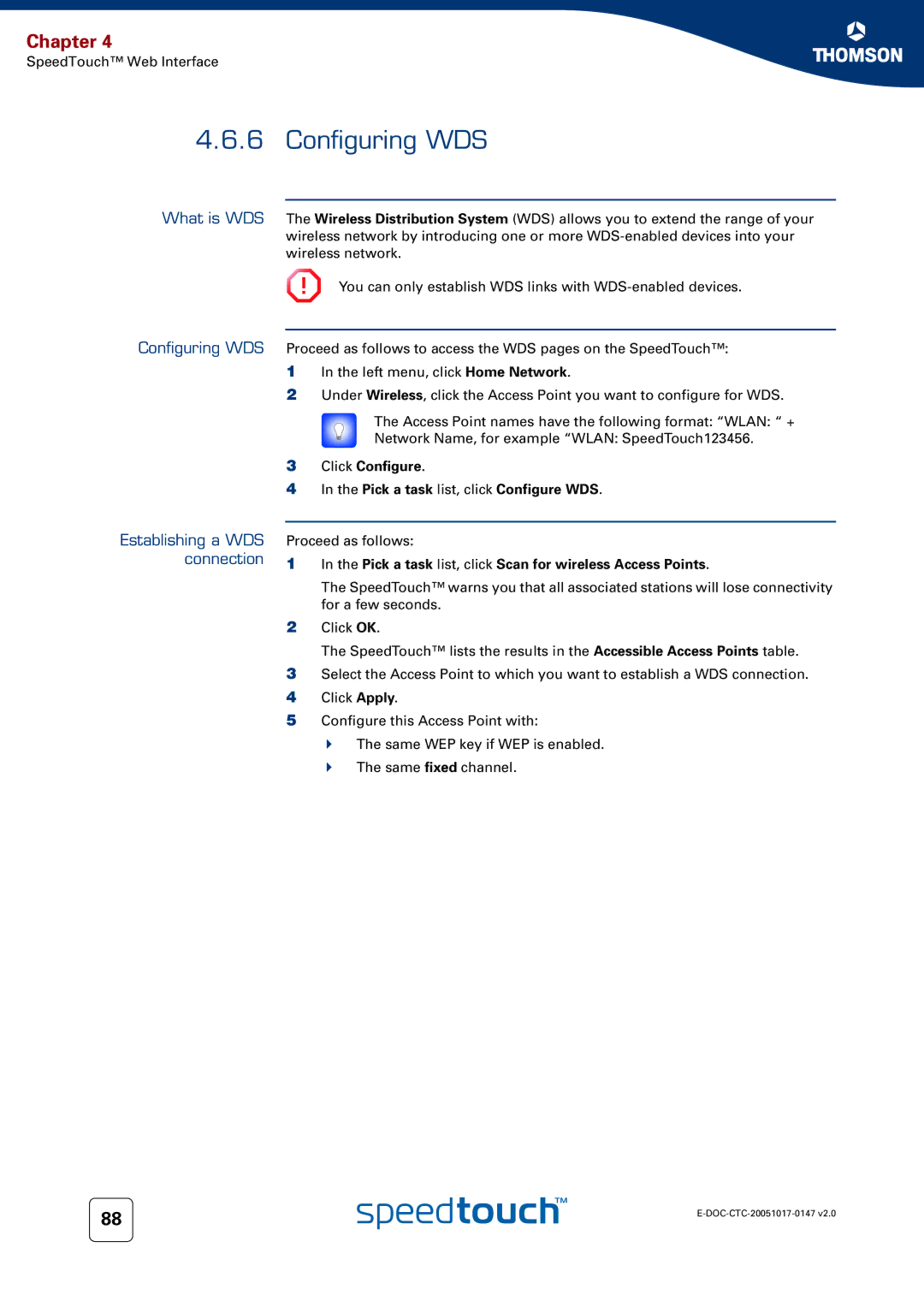 Technicolor - Thomson 585 manual Configuring WDS, Establishing a WDS connection 