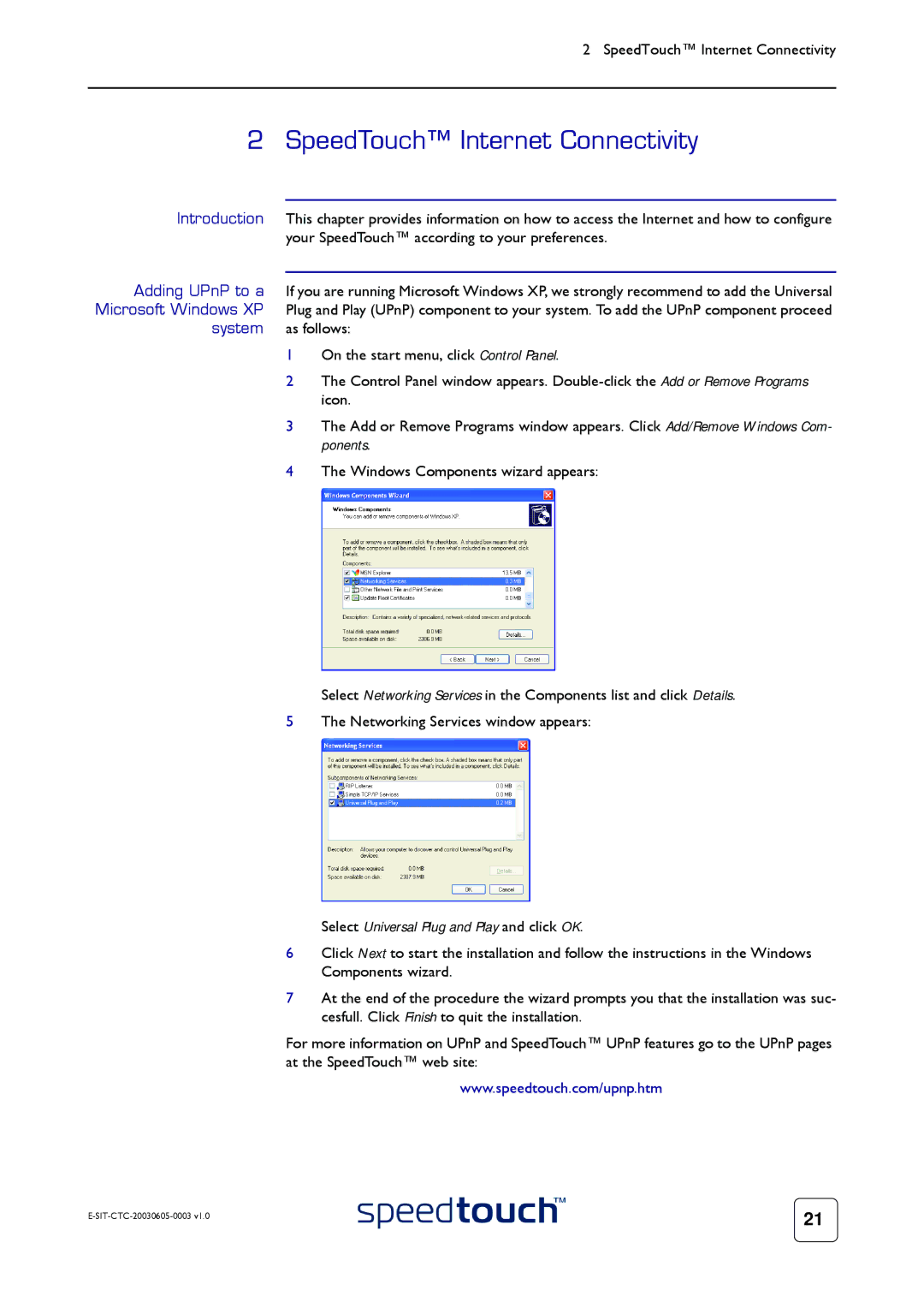 Technicolor - Thomson 605S SpeedTouch Internet Connectivity, Introduction, Adding UPnP to a, Microsoft Windows XP, System 