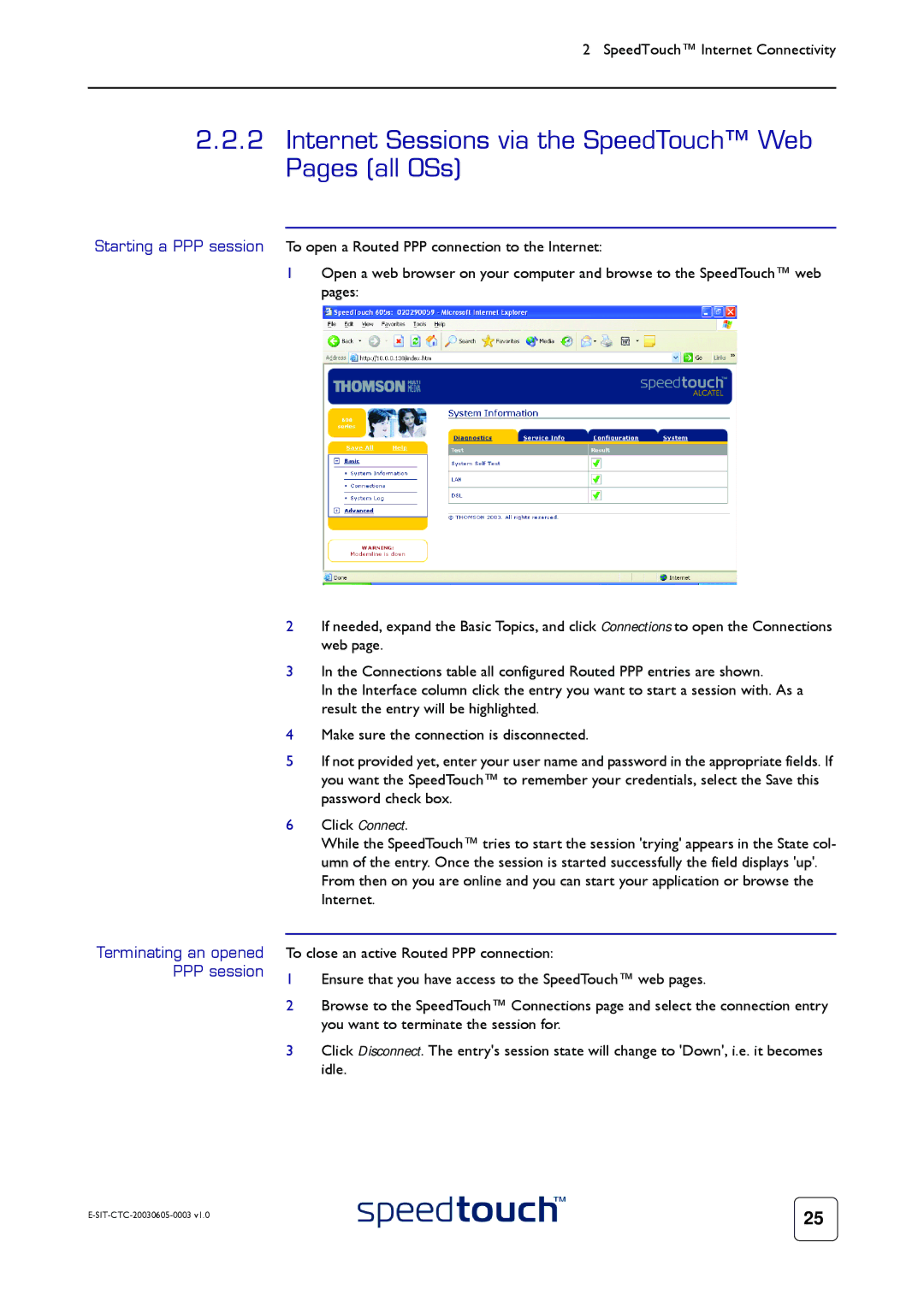 Technicolor - Thomson 605S manual Internet Sessions via the SpeedTouch Web Pages all OSs, Terminating an opened PPP session 