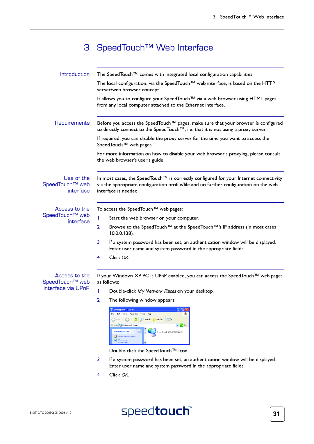 Technicolor - Thomson 605S manual SpeedTouch Web Interface, Access to the SpeedTouch web interface via UPnP 