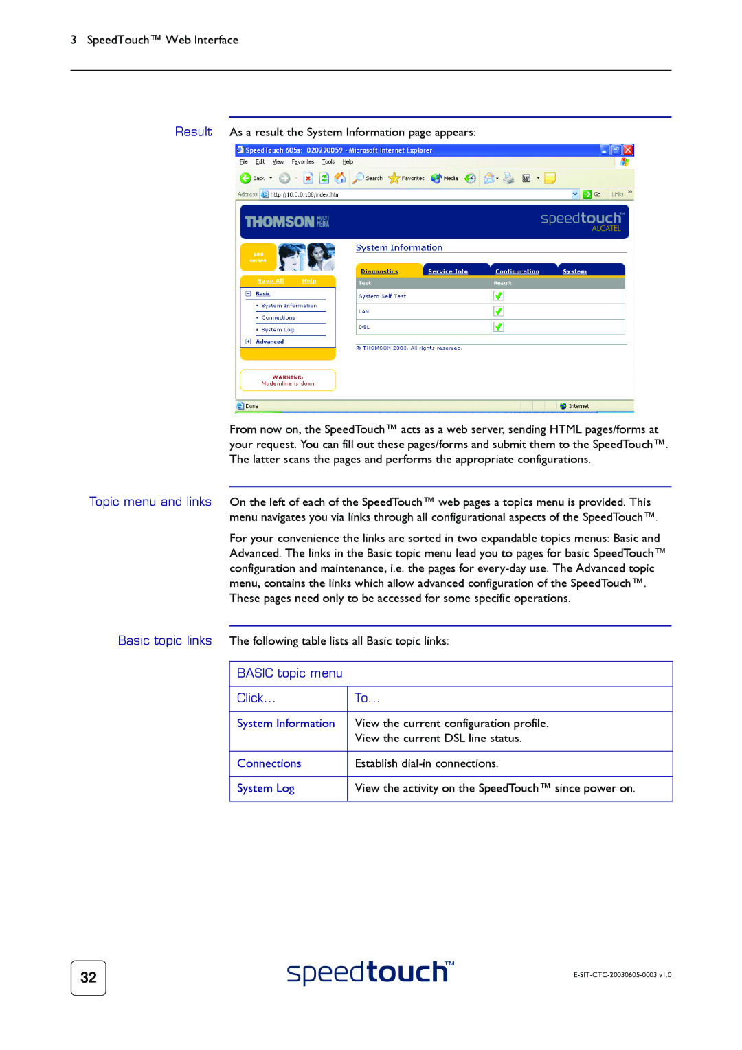 Technicolor - Thomson 605S manual Basic topic menu Click System Information, Connections, System Log 