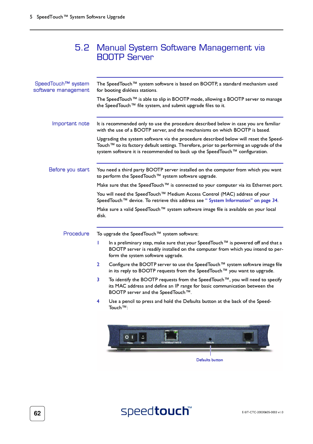 Technicolor - Thomson 605S Manual System Software Management via Bootp Server, SpeedTouch system, Software management 