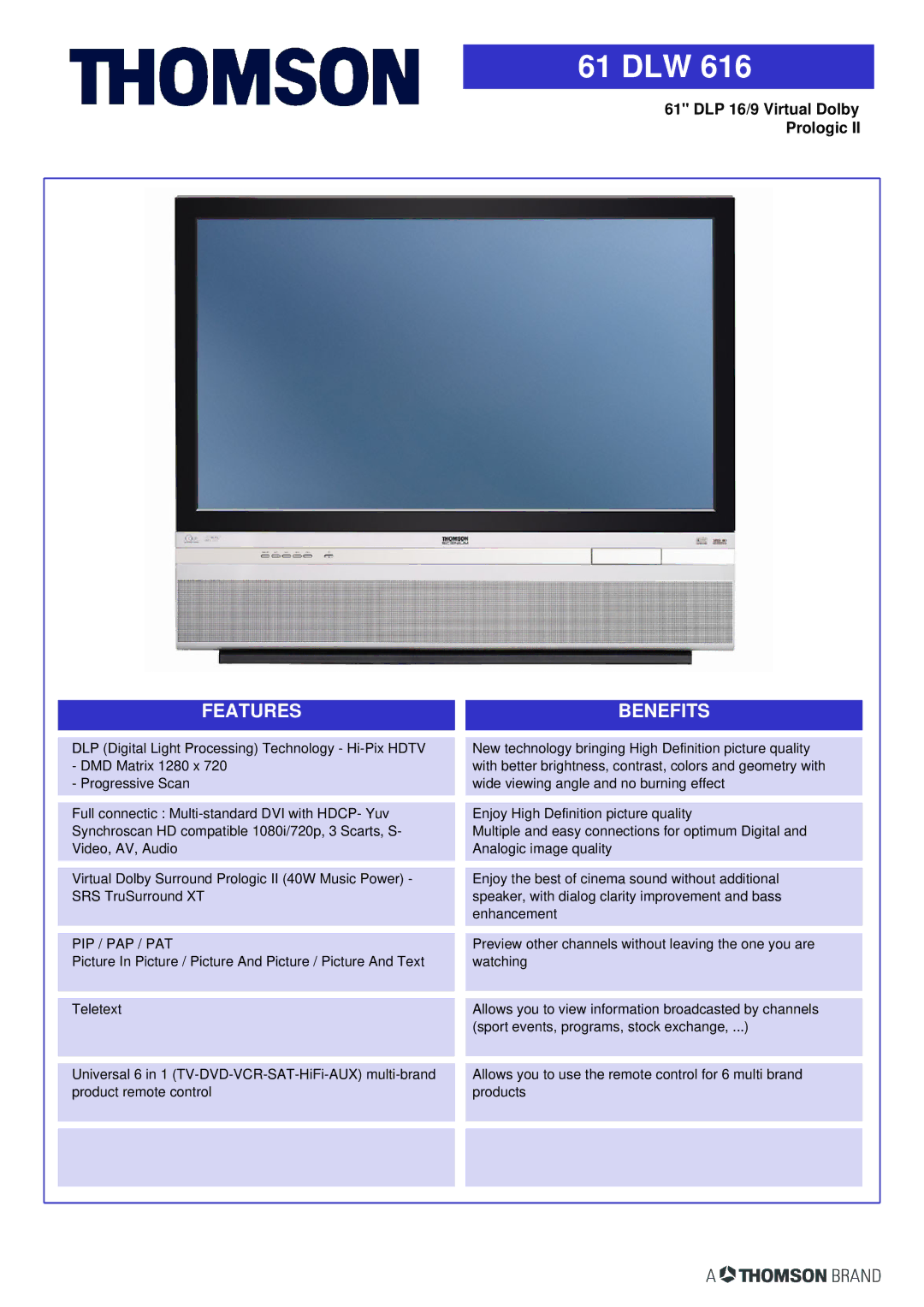 Technicolor - Thomson 61DLW 616 manual Features, Benefits 