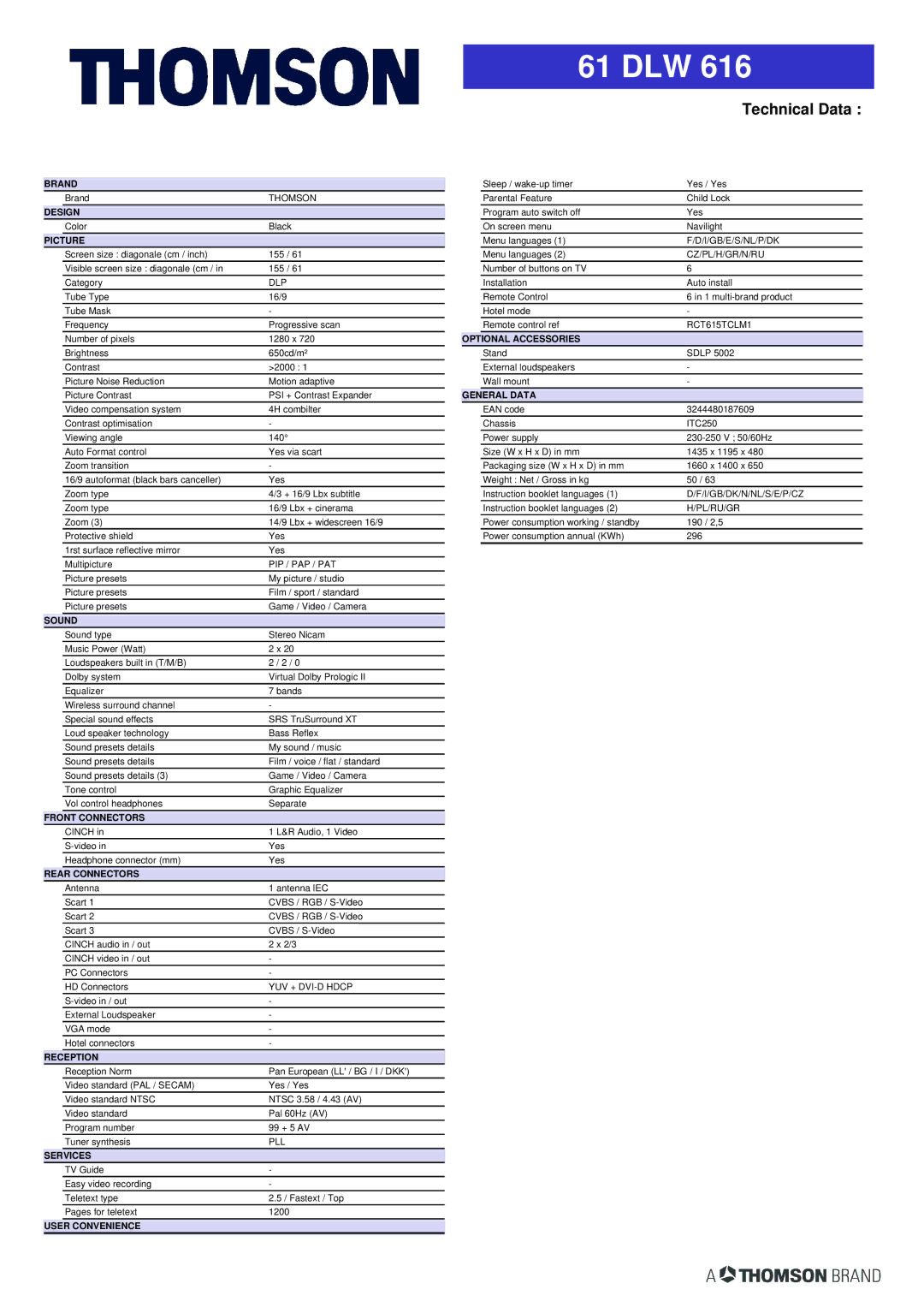 Technicolor - Thomson 61DLW 616 Brand, Design, Picture, Sound, Front Connectors, Rear Connectors, Reception, Services 