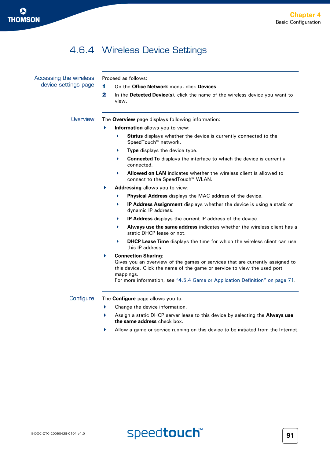 Technicolor - Thomson 605, 620, 608 WL manual Wireless Device Settings, Accessing the wireless device settings Overview 