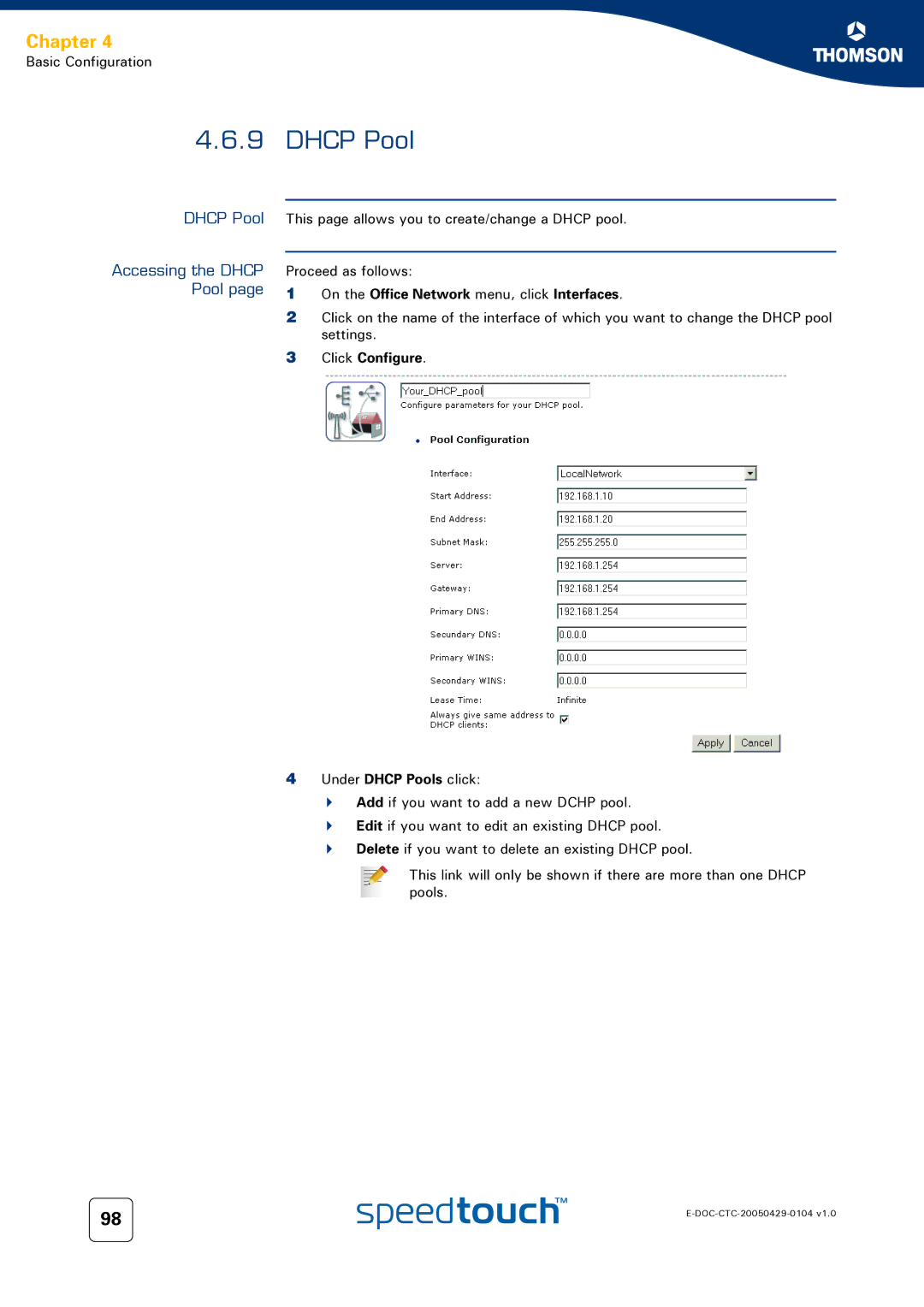 Technicolor - Thomson 620, 605, 608 WL manual Accessing the Dhcp Pool, On the Office Network menu, click Interfaces 