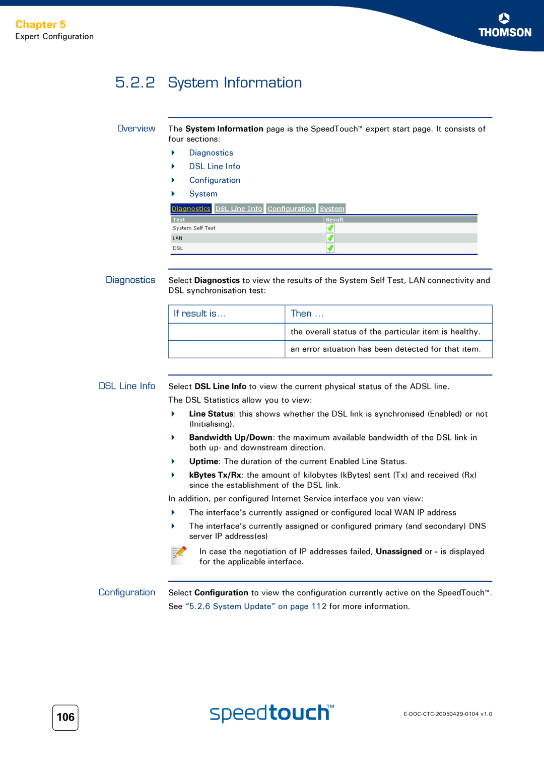 Technicolor - Thomson 620, 605 System Information, 106, If result is Then, Diagnostics DSL Line Info Configuration System 