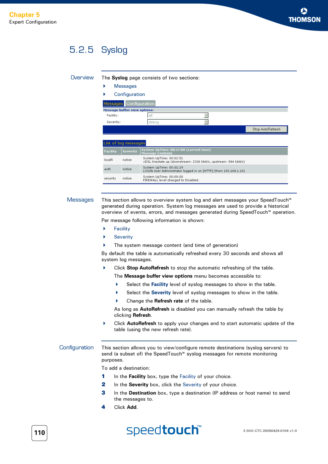 Technicolor - Thomson 620, 605, 608 WL manual Syslog, 110, Messages Configuration, Severity 