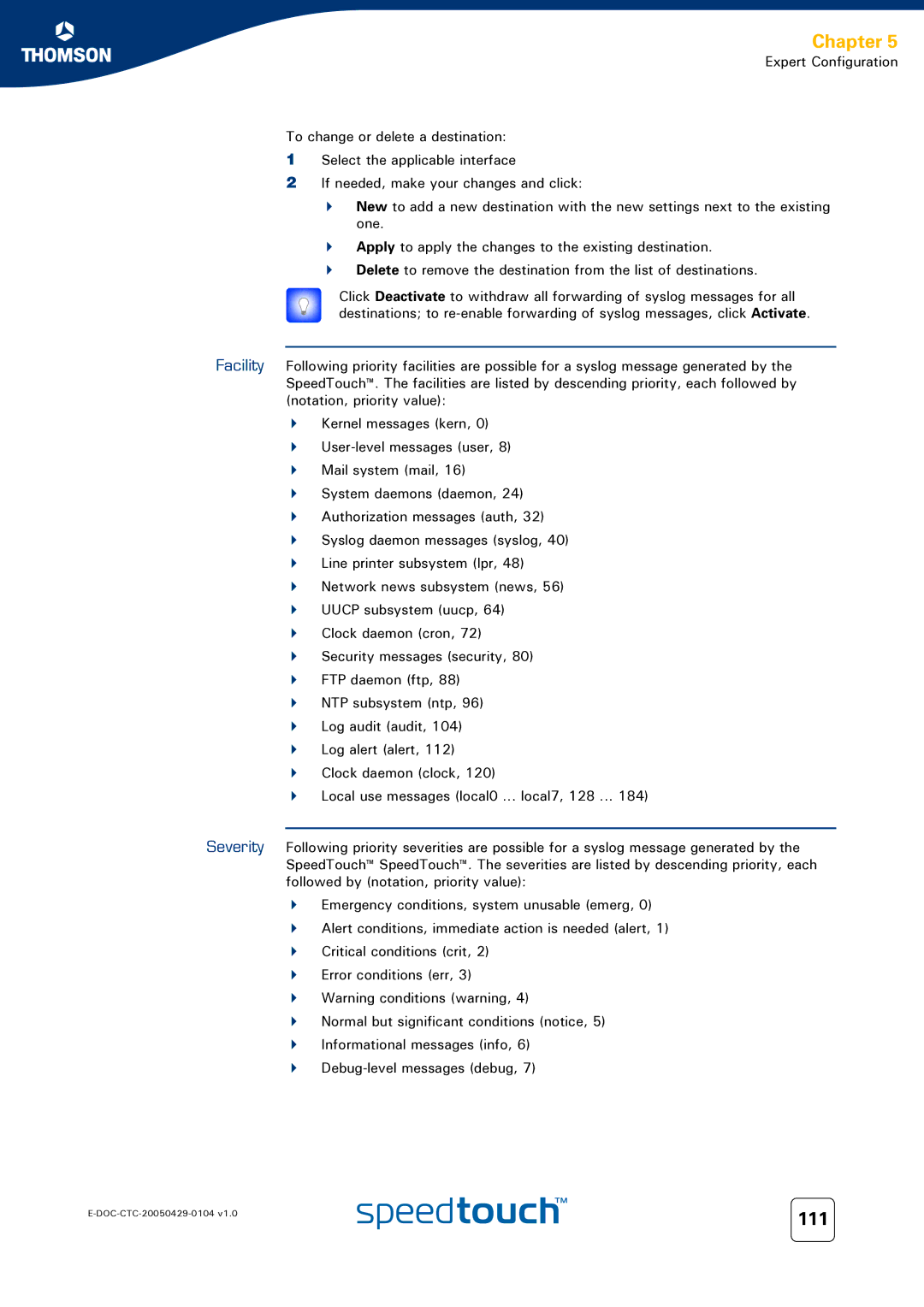 Technicolor - Thomson 605, 620, 608 WL manual 111, Facility Severity 