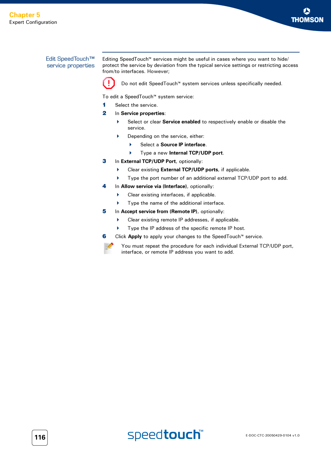 Technicolor - Thomson 608 WL, 620, 605 manual 116, Edit SpeedTouch service properties, Service properties 