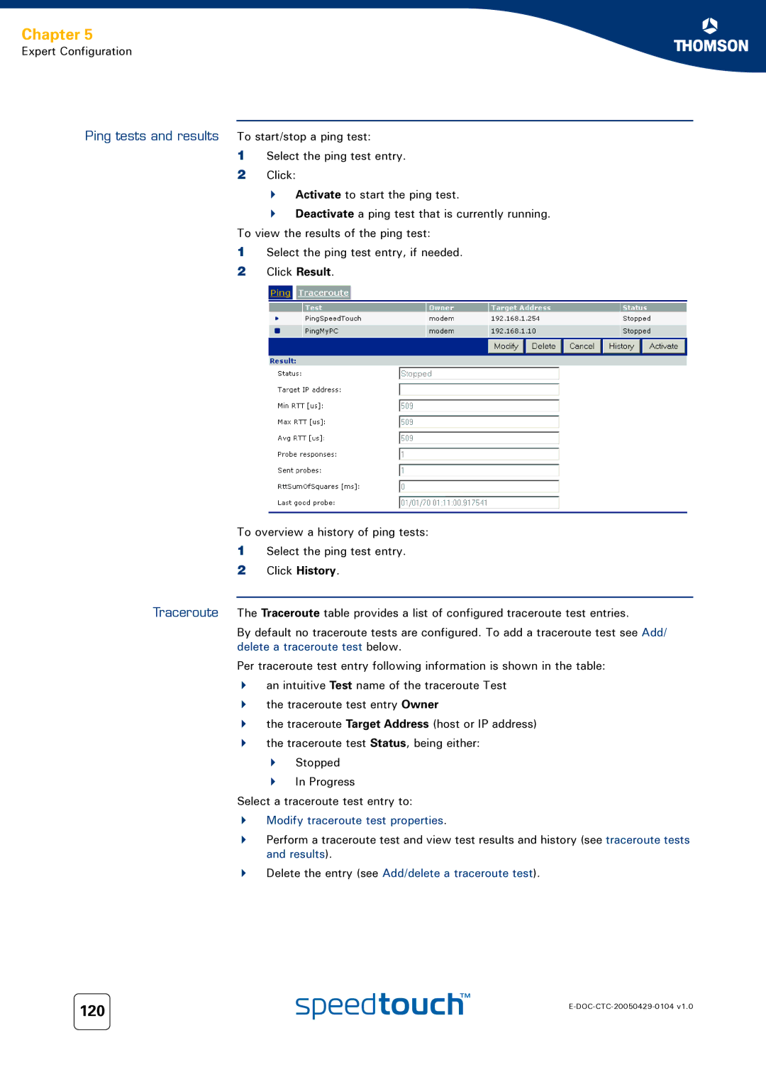 Technicolor - Thomson 608 WL, 620, 605 manual 120, Delete the entry see Add/delete a traceroute test 