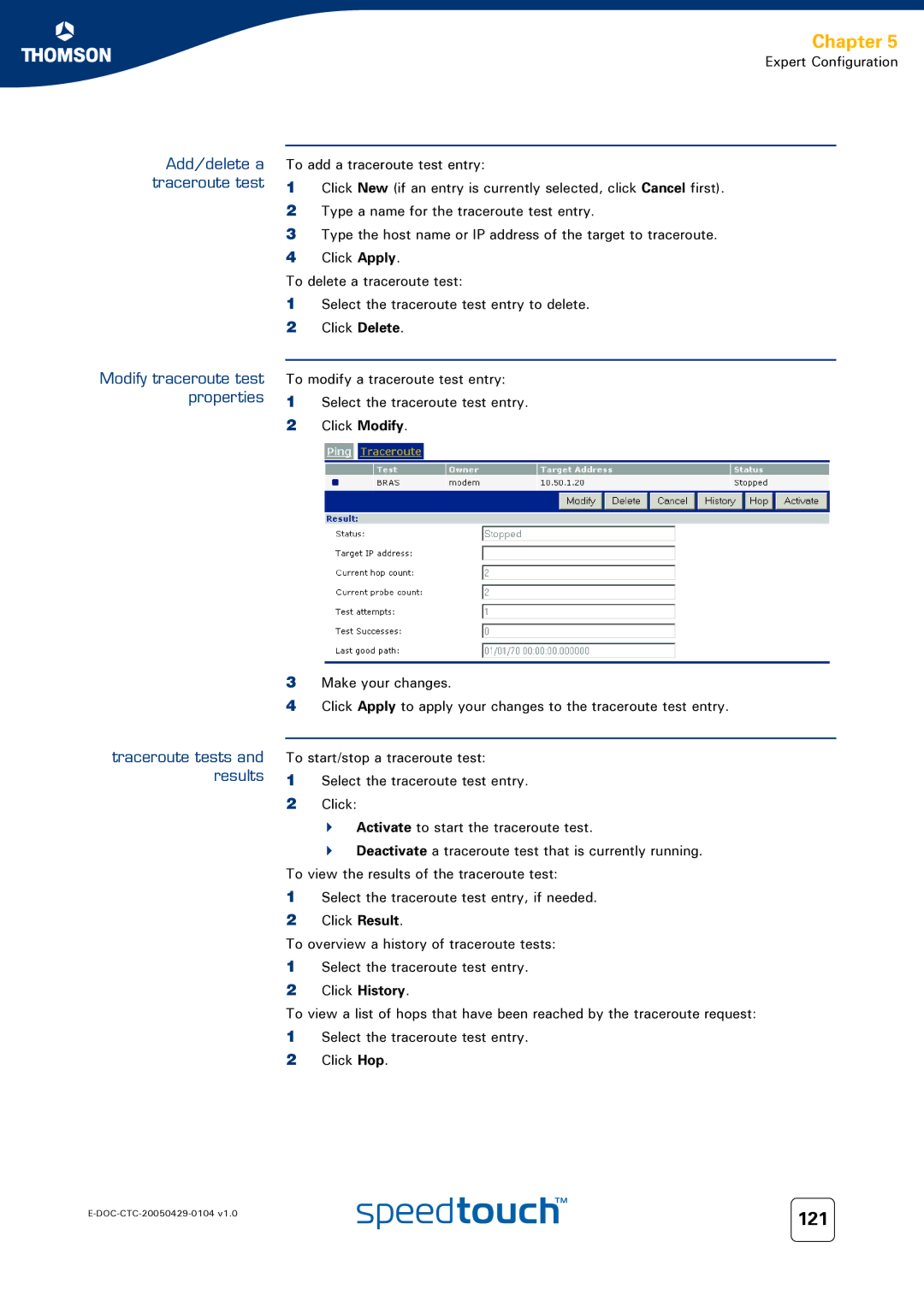 Technicolor - Thomson 620, 605, 608 WL manual 121, Add/delete a traceroute test 