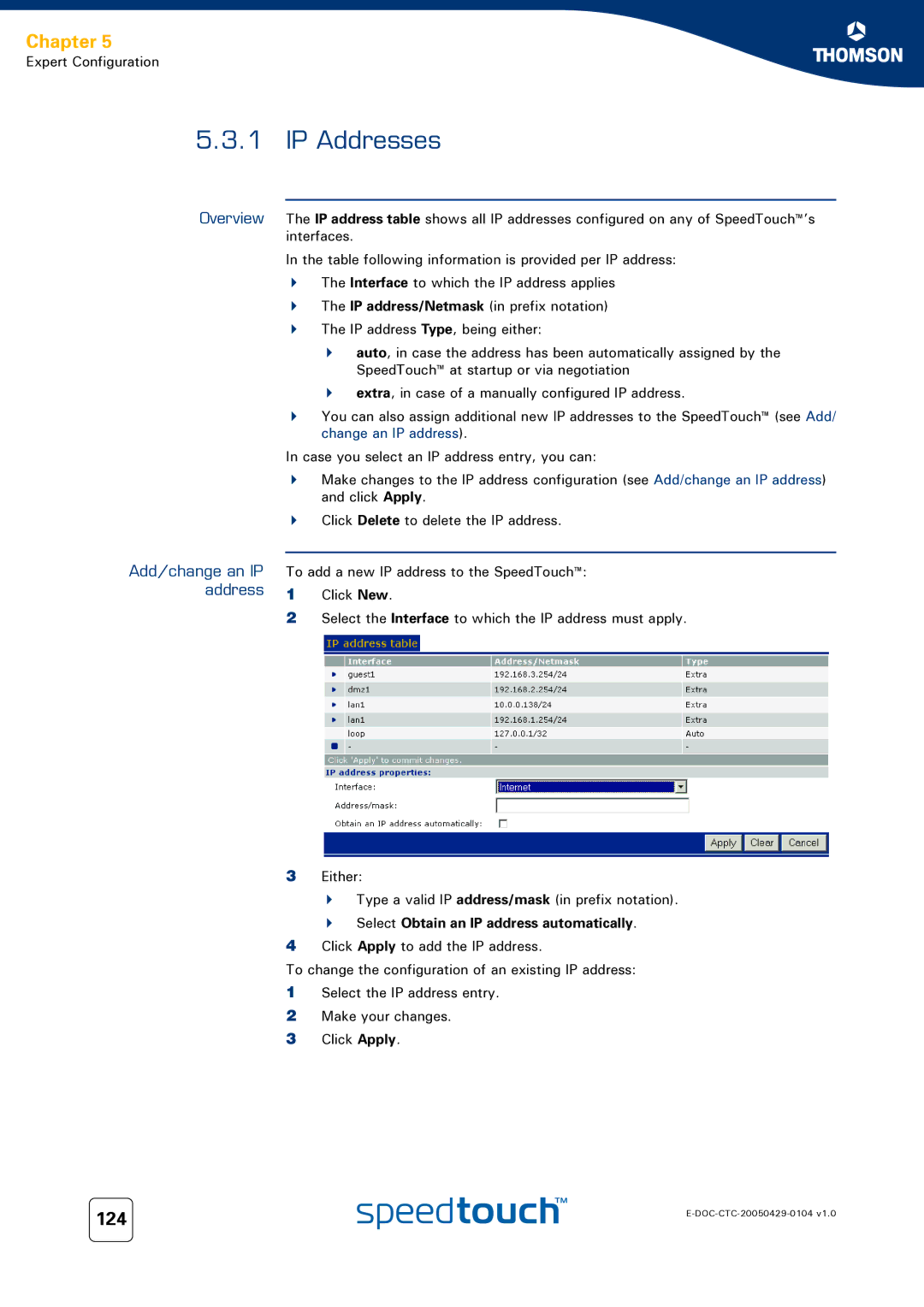 Technicolor - Thomson 608 WL, 620, 605 manual IP Addresses, 124, Add/change an IP address 