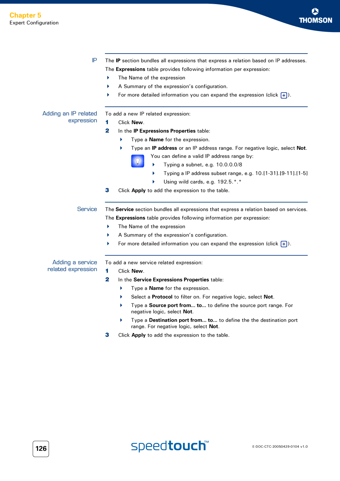 Technicolor - Thomson 620, 605, 608 WL manual 126, Adding an IP related expression, Adding a service related expression 