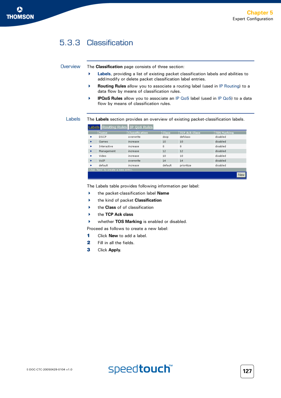 Technicolor - Thomson 605, 620, 608 WL manual Classification, 127 