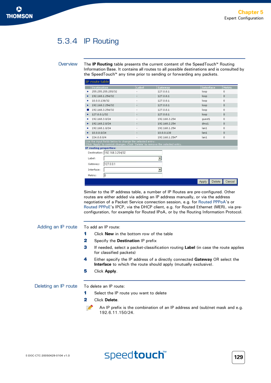 Technicolor - Thomson 620, 605, 608 WL manual IP Routing, 129, Adding an IP route To add an IP route 