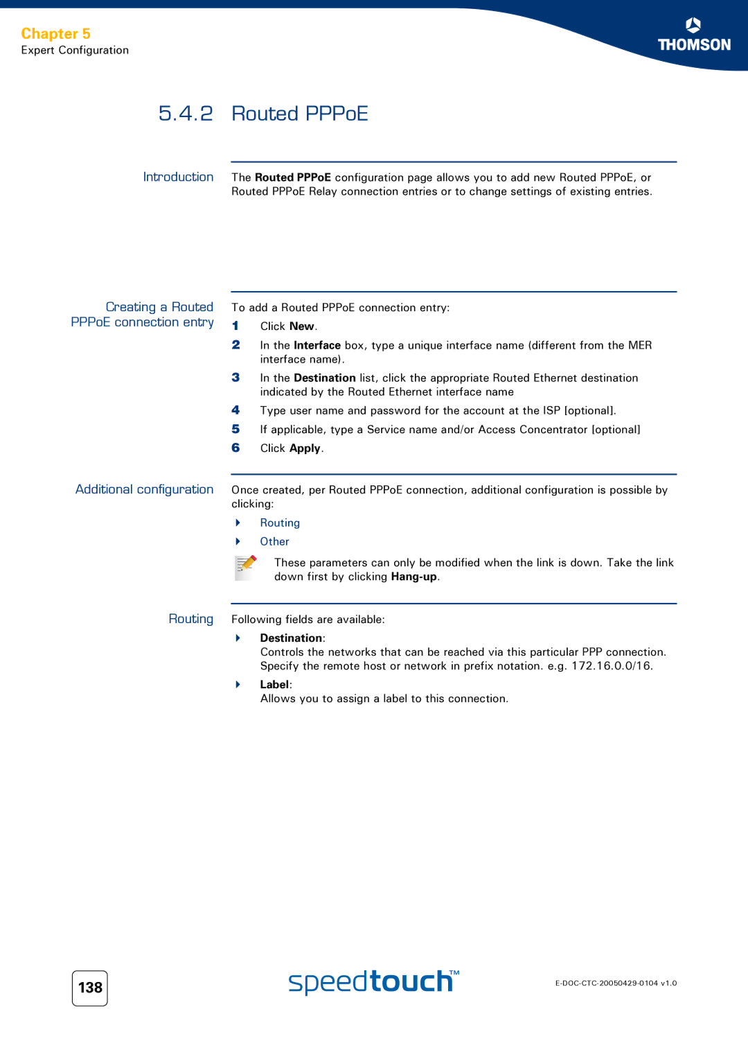 Technicolor - Thomson 620, 605, 608 WL manual Routed PPPoE, 138, PPPoE connection entry, Routing Other 